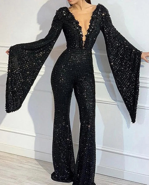 Trendy Black Sequin Flare Sleeve Jumpsuit