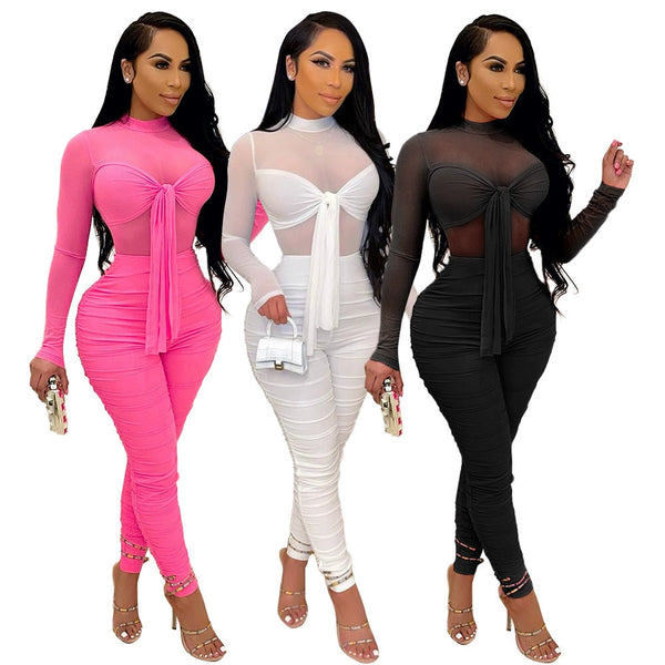 Trendy Ruched Mesh Bra Top And Pants Jumpsuit