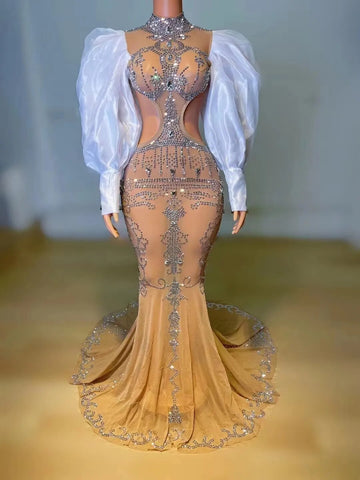 Trendy Gold Rhinestone Puff Sleeve Mermaid Dress
