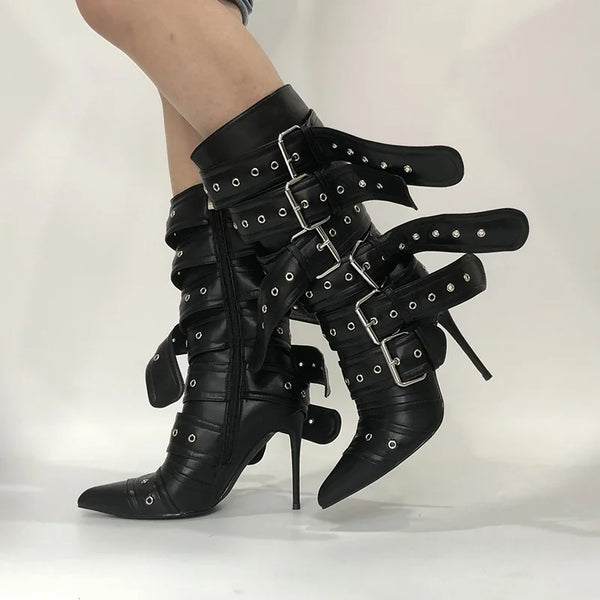 Trendy Pointed Toe Mid-Calf Buckle Strap Heel Boots
