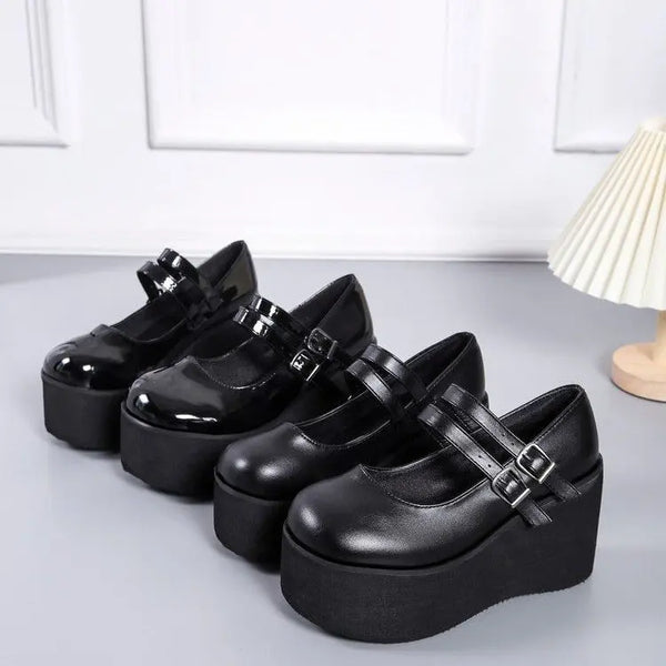 Trendy Black Mary Jane Wedge Heels