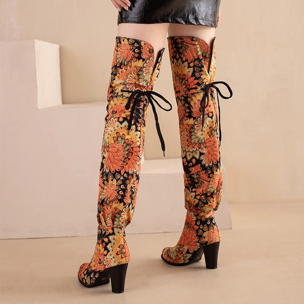Trendy Thigh High Floral Boots With Strings