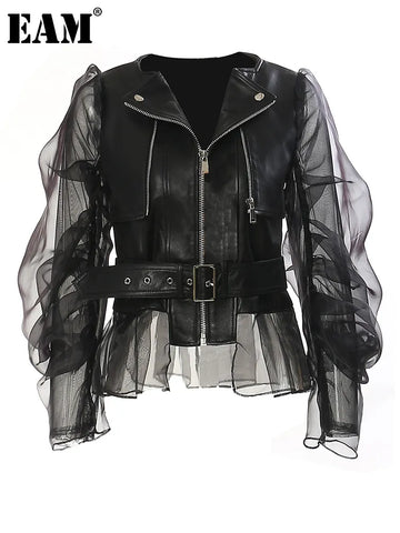 Trendy Black Leather Mesh Jacket With Belt