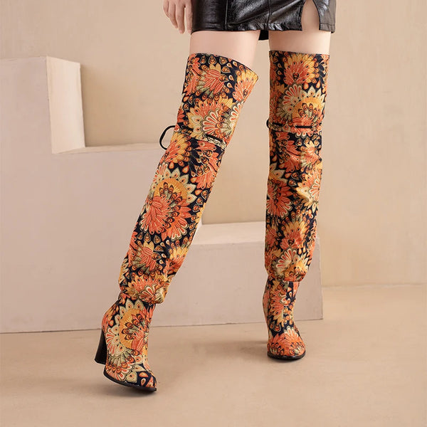 Trendy Thigh High Floral Boots With Strings
