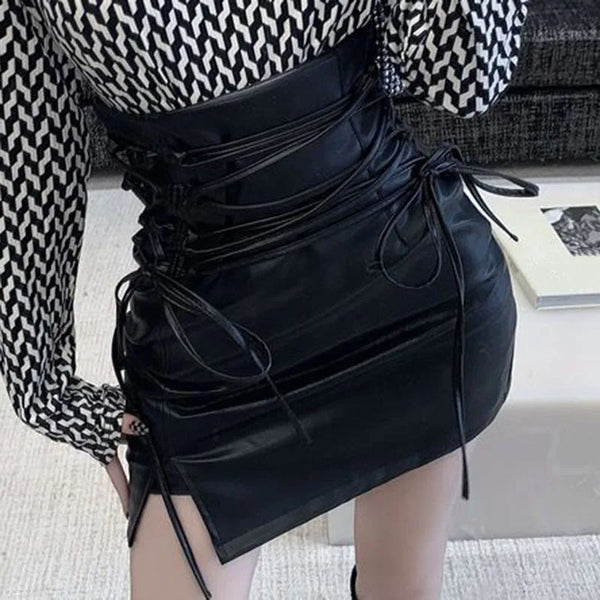 Trendy Black Leather Mini High Waist Skirt