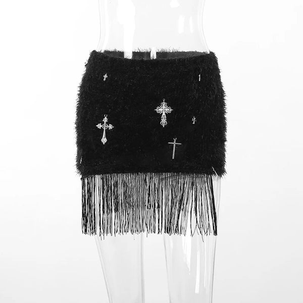 Trendy Cross Printed Tassel  High Waist Mini Skirt