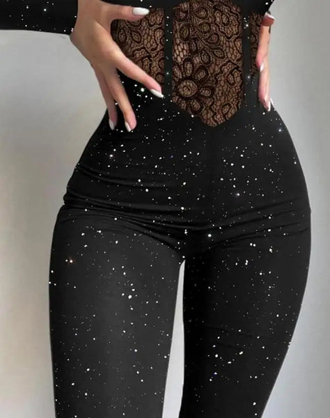 Trendy Glitter Long Sleeve Lace Corset Jumpsuit