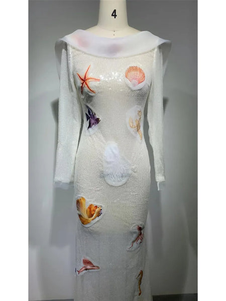 Trendy  Starfish Sequins White Maxi Dress