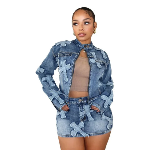 Trendy Embroidery Denim Two Piece Jacket And Mini Skirt