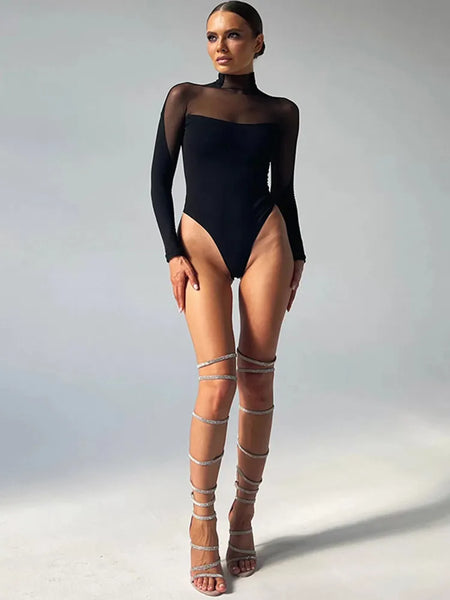 Trendy Mesh Transparent Long Sleeve Bodysuit