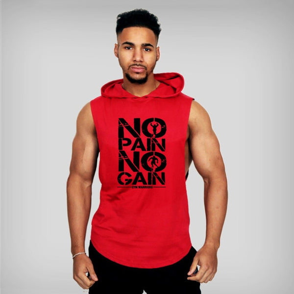 Trendy No Pain No Game Cotton Sleeveless Hooded Tank Top
