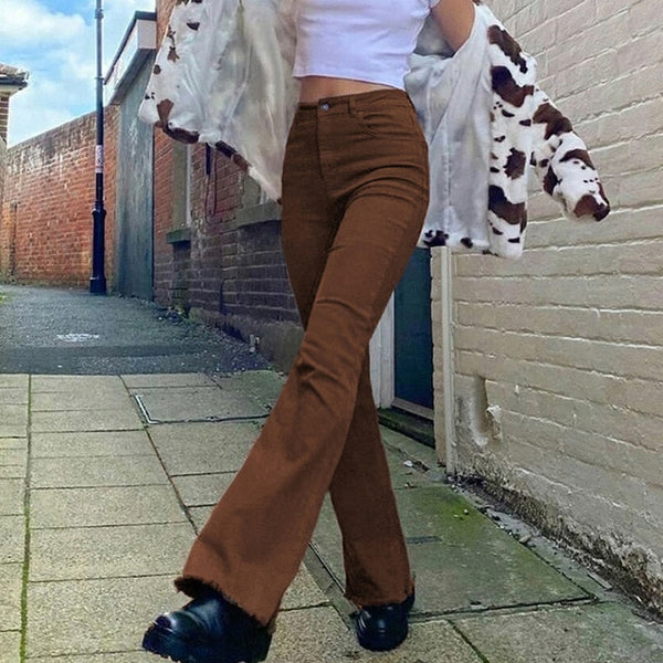 Trendy High Waist Khaki Tone Flare Jeans