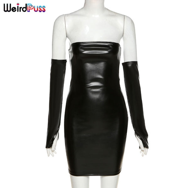 Trendy Faux Leather Party Dress With Gloves