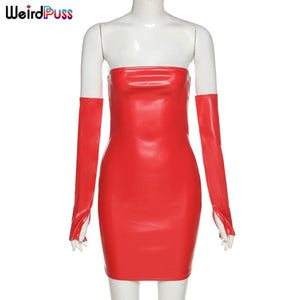 Trendy Faux Leather Party Dress With Gloves
