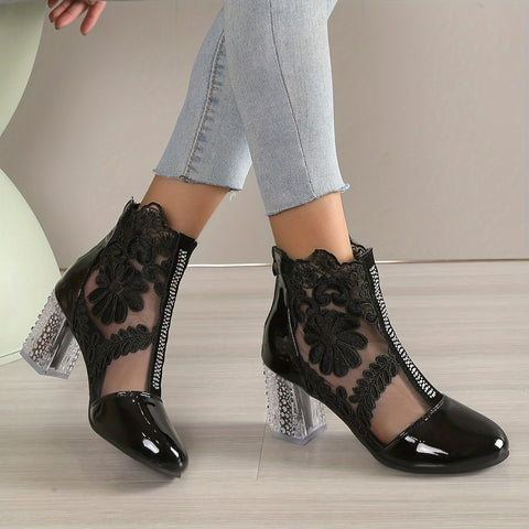Trendy Round Floral Print Ankle Boot Heels