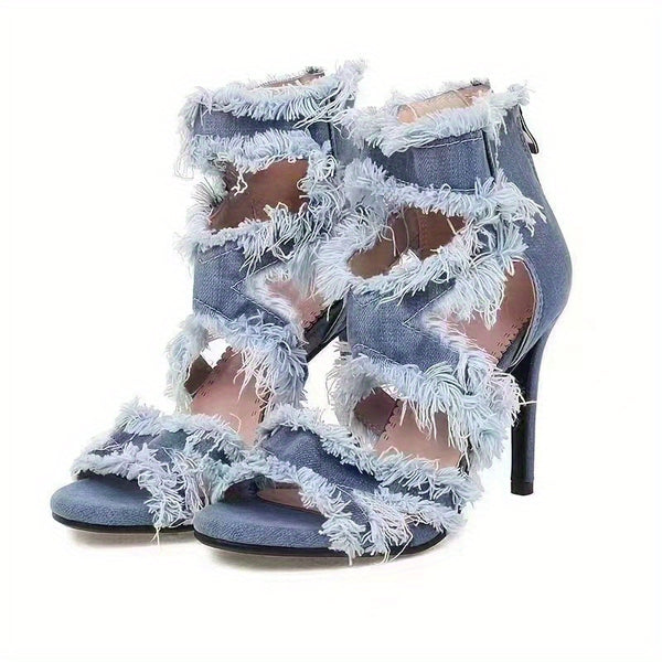 Trendy High Denim Hollow Out Peep Toe Stiletto Heels