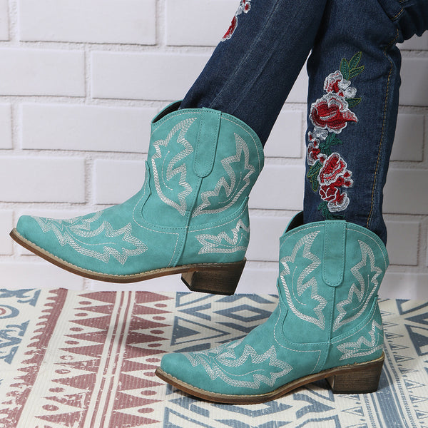 Trendy Cowgirl Floral Mid Heel Boots