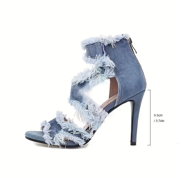 Trendy High Denim Hollow Out Peep Toe Stiletto Heels