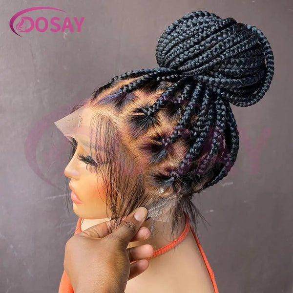 36Inch Burgundy Synthetic Long Box Braided Wig Full Lace Straight Knotless Cornrow Braid with Baby Hair for Women