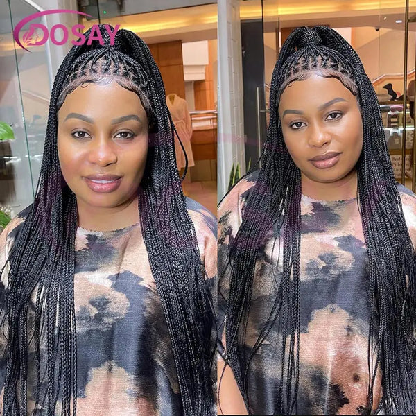 36Inch Burgundy Synthetic Long Box Braided Wig Full Lace Straight Knotless Cornrow Braid with Baby Hair for Women
