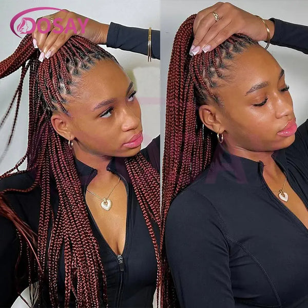36Inch Burgundy Synthetic Long Box Braided Wig Full Lace Straight Knotless Cornrow Braid with Baby Hair for Women