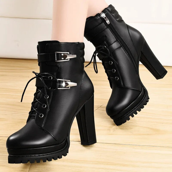 Trendy Soft Leather Black Chunky Heel Boots