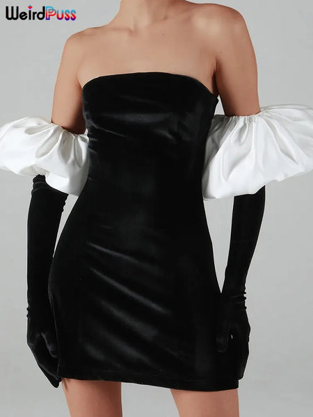 Trendy Strapless Velvet Puff Glove Sleeve Party Dress