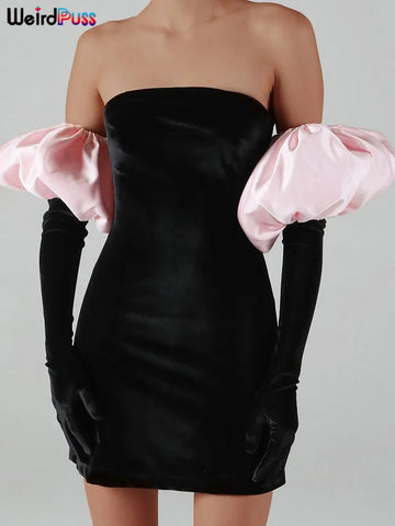 Trendy Strapless Velvet Puff Glove Sleeve Party Dress
