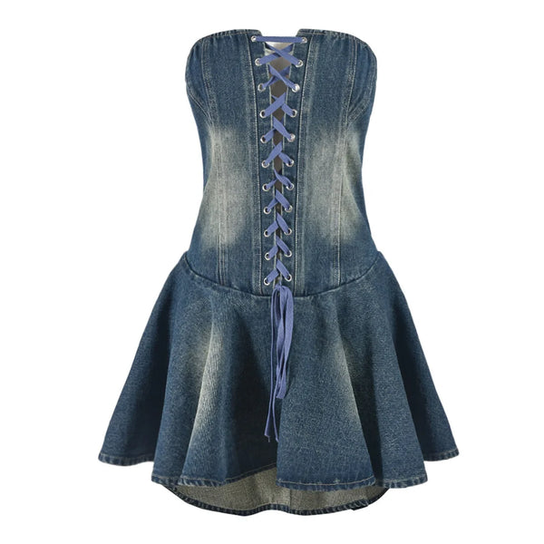 Trendy Denim Mini Lace Up Shoulder Dress
