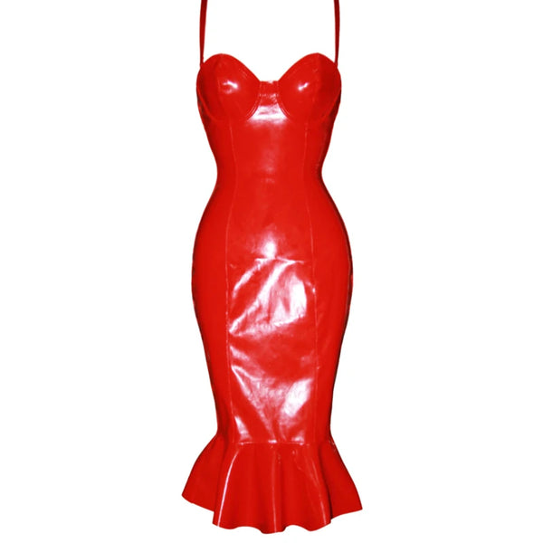 Trendy Thin Strap Ruffle Faux Patent Leather Party Dress