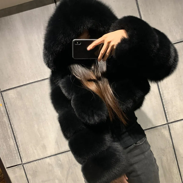 Trendy Cropped Puffy Faux Fur Hooded  Coat