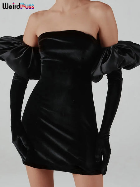 Trendy Strapless Velvet Puff Glove Sleeve Party Dress