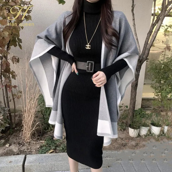 Trendy Knitted Turtleneck Sweater Dress With Belt
