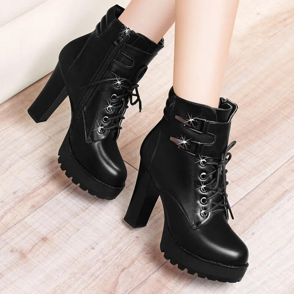 Trendy Soft Leather Black Chunky Heel Boots