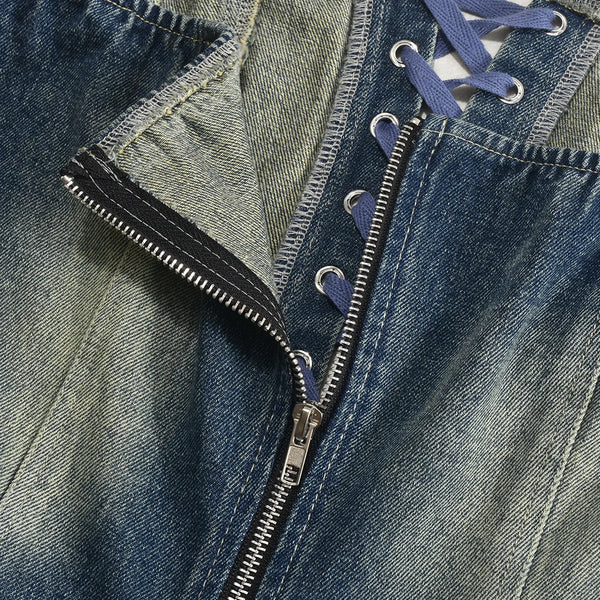 Trendy Denim Mini Lace Up Shoulder Dress