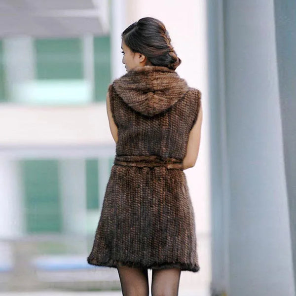 Trendy Knitted Mink Vest Hooded Fur Coat