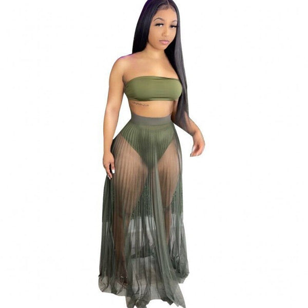 Trendy Mesh Cover Up Crop Top And Bottom Set