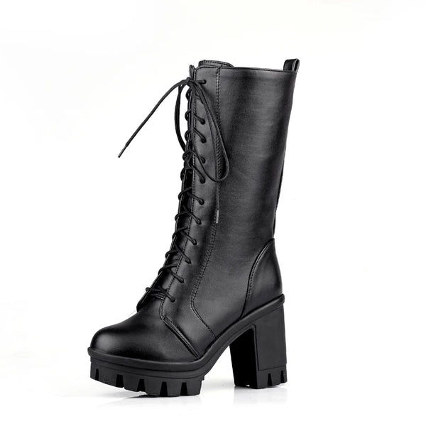 Trendy Mid Calf Lace Up Thick Sole Boots