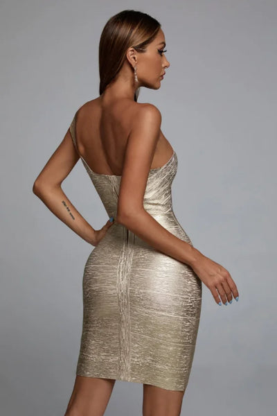 Trendy One Shoulder Gold Bandage Party Dress
