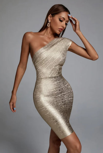 Trendy One Shoulder Gold Bandage Party Dress
