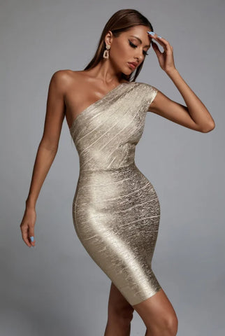 Trendy One Shoulder Gold Bandage Party Dress