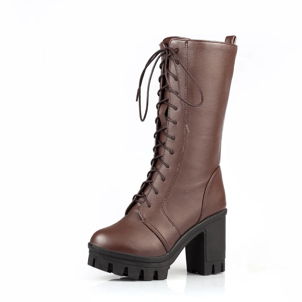 Trendy Mid Calf Lace Up Thick Sole Boots