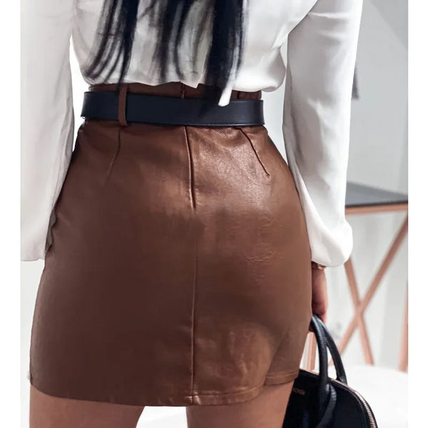 Trendy High Waist Faux Leather Pearl Mini Skirt