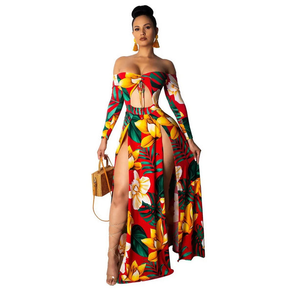 Trendy Floral Vibrant Double Slit Maxi Dress