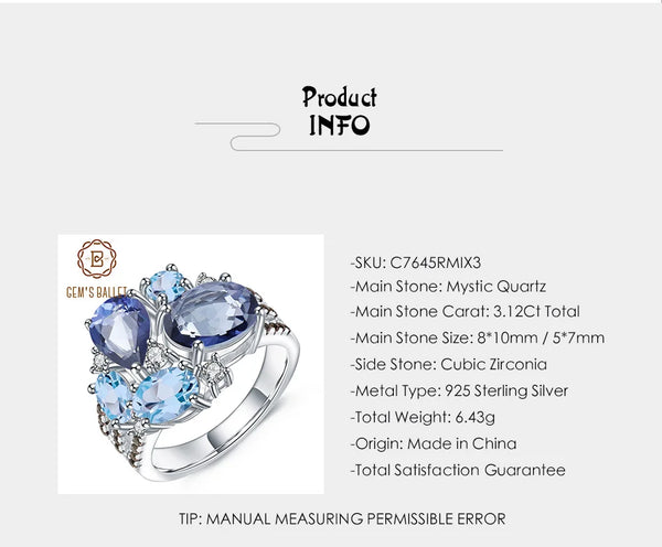 GEM'S BALLET Natural Mystic Quartz Topaz Rings Fine Jewelry 925 Sterling Silver Gemstone Candy Ring for Women Bijoux