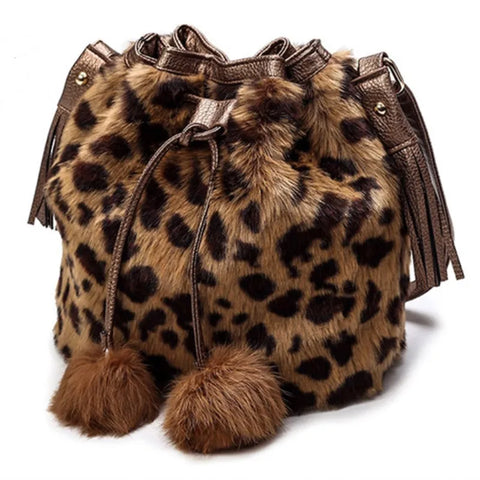 Trendy Shoulder Faux Fur Drawstring Pom Pom Purse