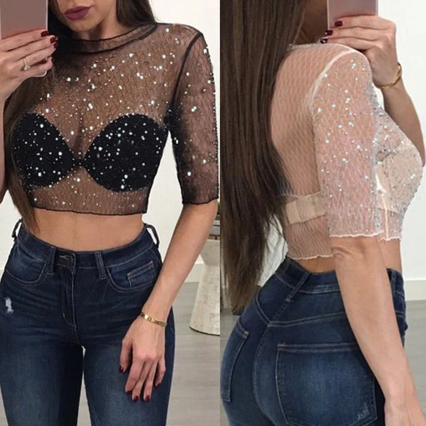 Trendy Black Crop Top Sequin Mesh Blouse