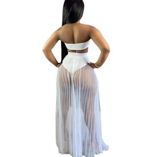 Trendy Mesh Cover Up Crop Top And Bottom Set
