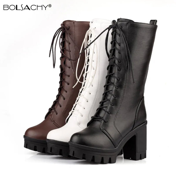 Trendy Mid Calf Lace Up Thick Sole Boots