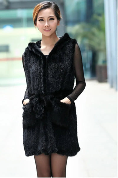 Trendy Knitted Mink Vest Hooded Fur Coat